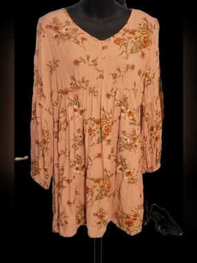 Easel Pink Floral Long Sleeve Mini Dress with Bell Sleeves, size medium